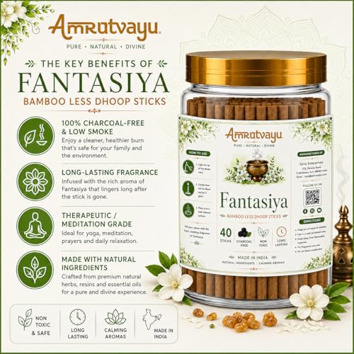 Image of Fantasiya Dhoop Sticks 4 inch 6mm BambooLess Incense for Pooja 40 Sticks | No Charcoal Sticks with Holder Stand | Home, Mediation Relaxation