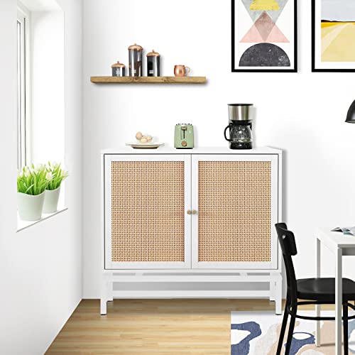 Recaceik Ratten Sideboard Buffet Cabinet/Console Table, Natural Accent Storage Cabinet With 2 Ratten Doors And Metal Legs, Rustic Wood Sideboard Furniture For Living Room, Bedroom, Kitchen, Hallway #TOP3