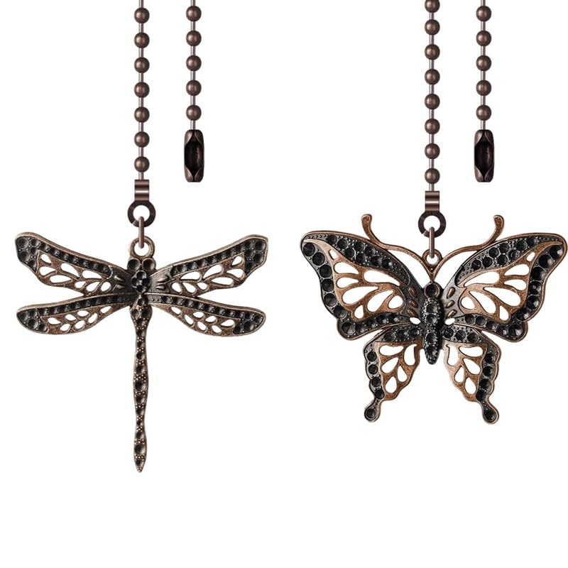 Image of 2Pcs Dragonfly and Butterfly Ceiling Fan Pull Chain, 14inch Fan Light Extender Pendant Ornaments Extension,Red Bronze Pull Chain