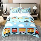 Homewish Zug 100% Baumwolle Bettbezug 155x220 Cartoon Fahrzeug Bettwäsche Set für Kinder Jungen Männer Blau Eisenbahntransport Weiß Blau Tröster Abdeckung Weich Bequem Bett Set