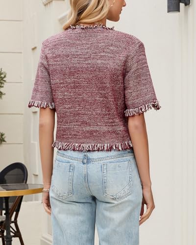 Image of Ladyful Womens Short Sleeve Cardigan Sweater Summer Lightweight Y2K Knitted Open Front Crop Sweater Top
