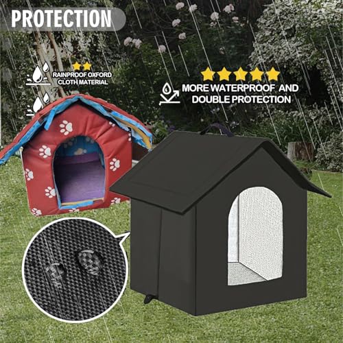 Katzenhaus Outdoor, Katzenhöhle für Draußen, Katzenhaus Für Draußen Winterfest Wasserdicht, Kombiniert isolierte Aluminiumfolie Mit abnehmbarem Transparentem Vorhang (M, Schwarz-1)