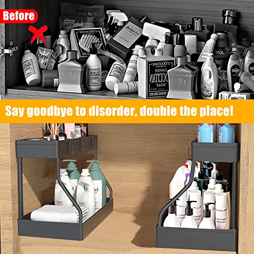 YIFOV Under Sink Storage Shelf 2 Tier Kitchen Storage and Organisation Storage Rack Basket with 4 Hooks and 2 Hanging Cup for Kitchen, Bathroom, Pantry, Black - Image 3