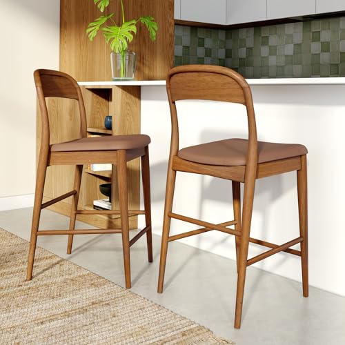Image of Plank+Beam Loar Upholstered Counter Stool, Solid Rubberwood, Mid-Century Modern Kitchen Bar Chair, Curved Back, Low-VOC Finish, Counter Height Seating, Pecan /Toffee