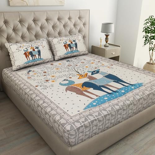 Image of JAIPUR PRINTS 100% Cotton Bedsheet for Double Size Bed bedsheets Rajasthani Jaipuri Printed Double Size Bedsheet with 2 Pillow Cover / 90x100 inch / 235x215 cm / (A,Gray)