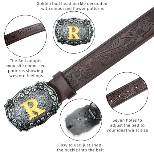 Image of Mens Western Cowboy Cowgirl Faux Leather Belt Longhorn Bull Pattern Letter Big Buckle Embossed Floral Belts