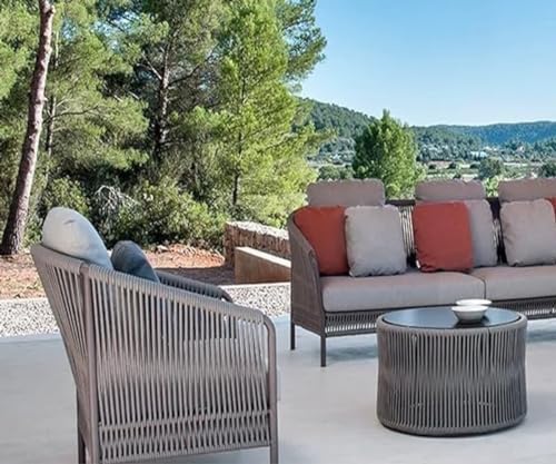 Image of 5 Seater Outdoor Weaving Rope & 2 Table with Glass Patio Furniture Set,Waterproof Outdoor Sofa Seating Sturdy Powder-Coated Iron Frame Conversation Set for Balcony,Backyard,Lawn,Garden(Grey)