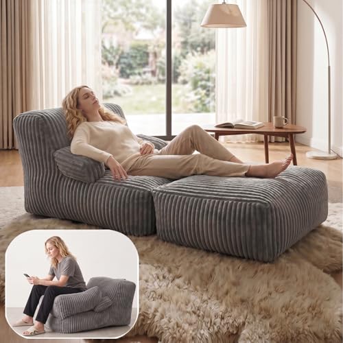 MaxiBean 6FT Large Bean Bag Chair Lounger for Adults and Kids, Plush Faux Fur Floor Seating Furniture Bean Bag Chair for Living Room, Bedroom, Playroom (Striped Grey with Armrests & Footrest)