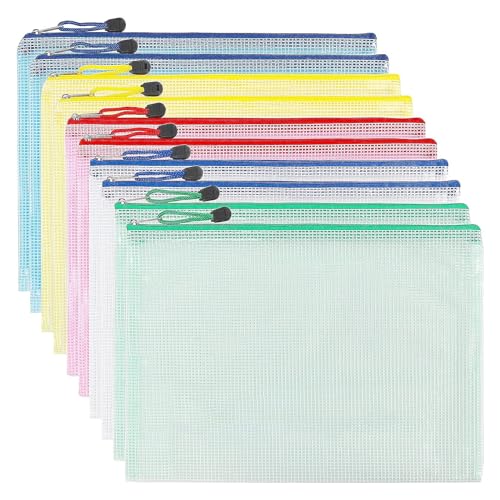 Pochette Document Zippée A4,Pochette Zippée 5 Couleurs PVC Transparentes Document Dossier,Mesh Zipper Pouch pour Voyage,pour Bureau,Voyage, Fournitures(10PCS)