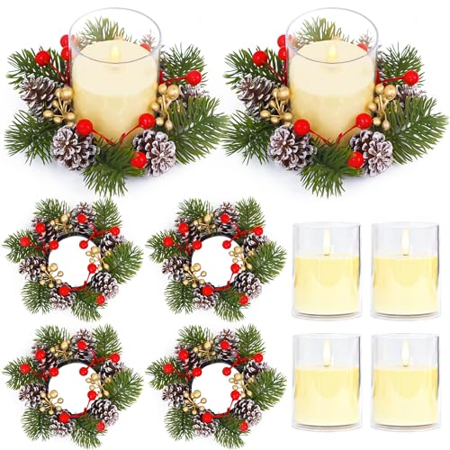 Acmee 4 Sets Christmas Candle Rings with Flameless Candles -