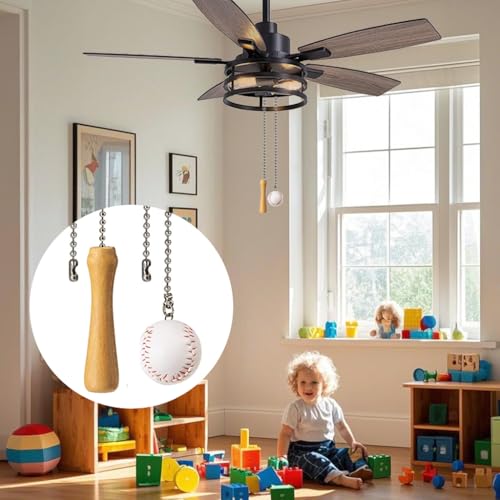 Image of Baseball and Baseball Bats Ceiling Fan Pull Chain Ornaments Extender,with 12 inch Silver Bead Chain Fan Pulls