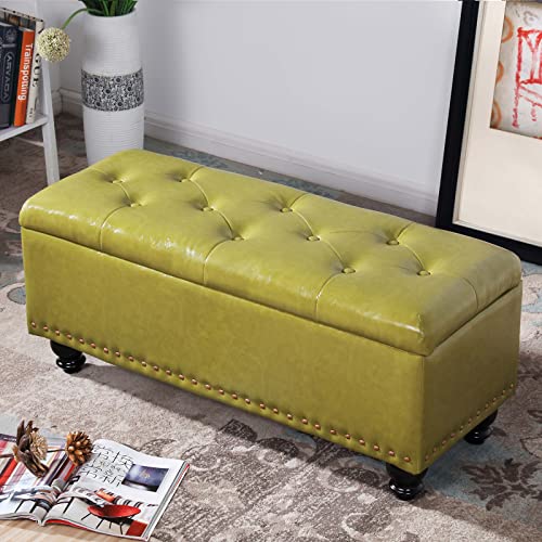 Grand tabouret ottoman capitonné vert pour ranger vos chaussures dans l'entrée