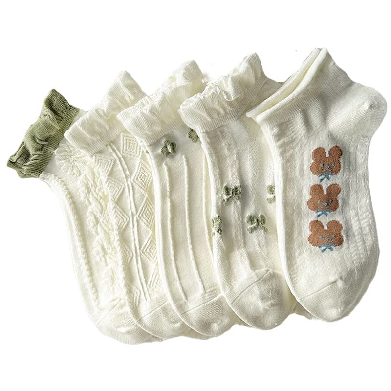 ALTALIVA 5/6/8 Pairs White Floral Socks Casual Ankle Socks for Girls (5 Pairs A)