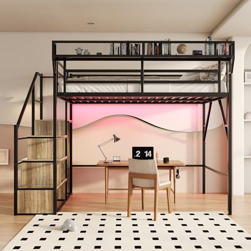 Image of Queen Size Metal Loft Bed with Reversible Stairs and LED & USB Port