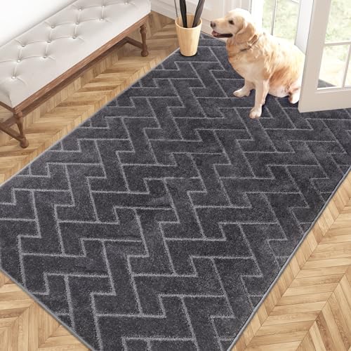 PURRUGS Easy Care Area Rug 4ft x 6ft, Non-Slip Machine Washable Entry Rug, Dog Door Mat, Stain Resistant Accent Rug for Hallway, Bedroom, Living Room and Mudroom, Grey