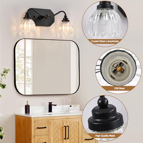 Image of Vintage Bathroom Light Fixtures, 2 Light Bathroom Vanity Light, Black Matte Antique Brass Finish with Crystal Glass Shade, Mid Century Wall Sconces for Bedroom, Living Room, Hallway