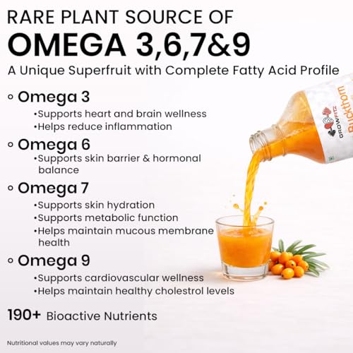 Image of Growfitz Himalayan Sea Buckthorn Pulp Concentrate 500 ML | Cold-Pressed | Makes 80 Glass, Natural Vitamin C, Omega 3 6 7 9, Antioxidants | Immunity, Skin Glow & Gut Health Support | Seabuckthorn Juice