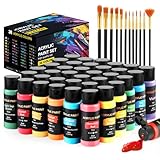 Acrylic Paint Set with 12 Art Brushes, 36 Colors (2 oz/Bottle) Acrylic Paint for Painting Canvas, Wood, Ceramic and Fabric, Paint Set for Beginners, Students and Professional Artist, Rich Pigments