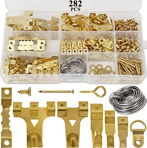 HAUSPROFI 282pcs Picture Hooks for Hard Walls Picture Hanging Kit for Picture Frame Fixing Assorted Picture Hanger Set with 62 Steel Hooks 30 Sawtooth Hangers D-Ring Steel Wire Nails Screws