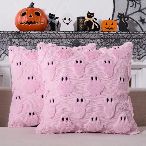 YOSICHY Halloween Decor Pillow Covers 18x18 inch Set of 2 Cute Ghost Throw Pillow Cases Soft Plush Faux Fur Couch Cushion Case for Chair Bed Sofa Bedroom Living Room Halloween Decorations Pink
