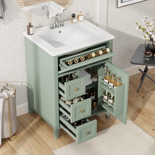 Favfurish 24" Sage Green Bathroom Vanity with Ceramic Sink, Rubberwood