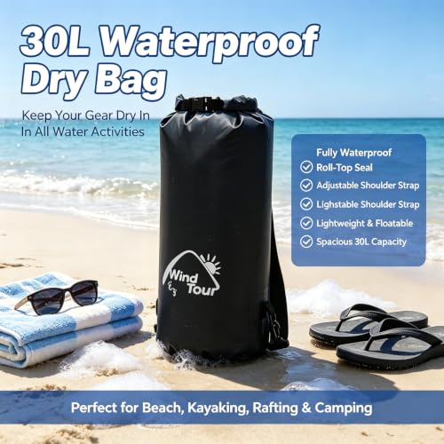 Bolsa seca impermeable Wind Tour negra, capacidad 30 litros, con cierre enrollable y correas de hombro miniatura 3