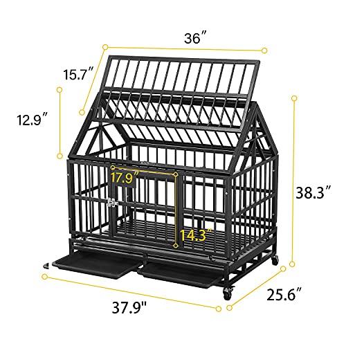 Dog Cage Crate Kennel Heavy Duty Tear Resistant Square Tube With Four Wheels For Large Dogs Easy To Install (38 Inch Roof, Black) #TOP1