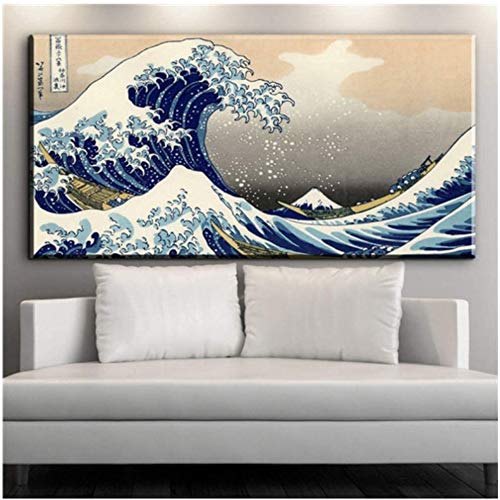 Surfilter Impresión en lienzo Japonés La gran ola de Kanagawa Póster de arte clásico Impresión de tela en lienzo Decoración de arte de pared Calcomanías para el hogar Pintura en lienzo 23.6"x47 Cover