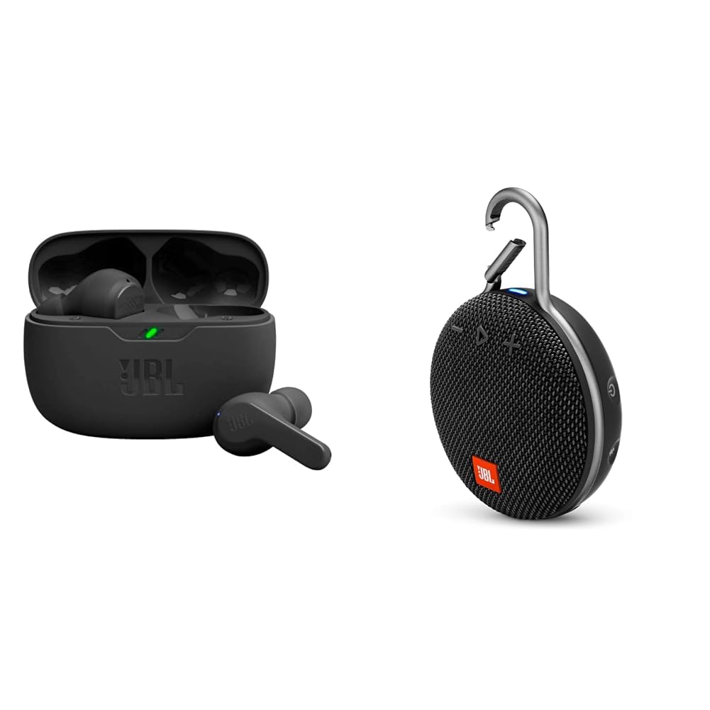 JBL Vibe Beam True Wireless Headphones - Black, Small &amp; Clip 3, Black - Waterproof, Durable &amp; Portable Bluetooth Speaker