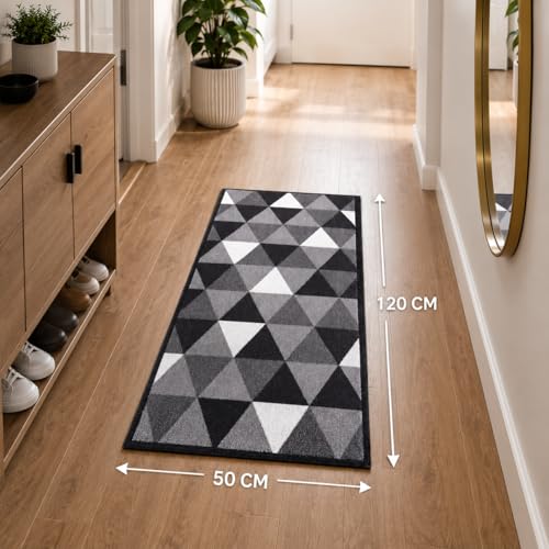Image of Matz&More Anti Slip Runner Floormat, 50x120cm, Carpet for Bathroom, Bedside, Hallway, Living Room Dining Room, Geometric Grey Black