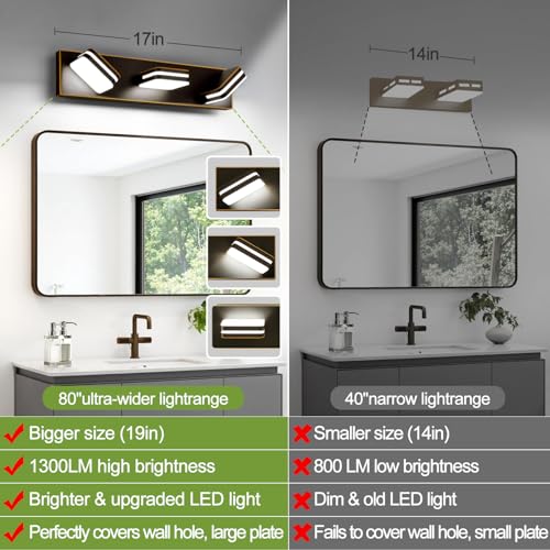 Image of Torondo 360 Rotate LED Bathroom Vanity Light Fixtures, Acrylic Vanity Lights for Bathroom, Modern Wall Lighting Fixtures Over Mirror Living, Oil Rubbed Bronze, Natural White, 3-Light, 17-Inch