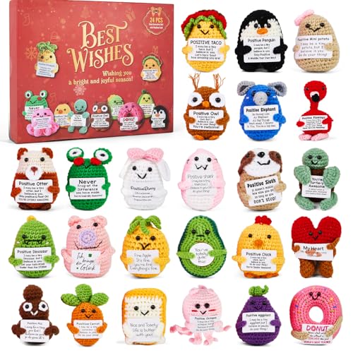 Advent Calendar 2025, 24 Days Positive Crochet Animals Christmas Countdown Calendar for Kids, Teens, Adults, Handmade Emotional Support Crochet Toys with Positive Card for Birthday, Christmas Gifts