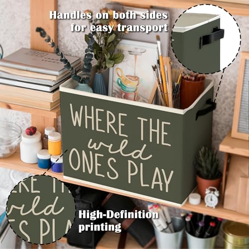Image of Olive Green Boho Classroom Storage Bins Box with Handles, Where the Wild Ones Play Collapsible Basket Organizer for Kids Playroom Nursery Bedroom Bathroom Books Clothes