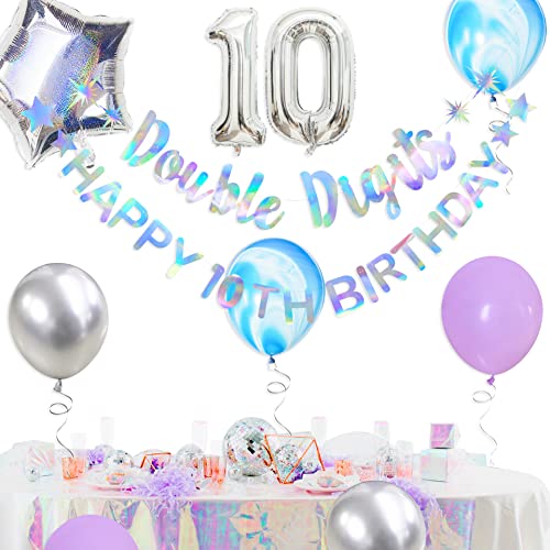 Image of Iridescent Double Digits Happy 10th Birthday Banner Garland Foil Balloon 10 for Girls Boys 10th Birthday Decorations Hanging 10 and Fabulous Cheers to 10 Years Old Ten Birthday Party Supplies Backdrop