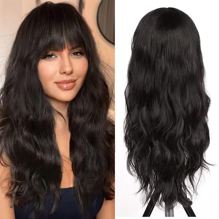 Glueless Wavy Human Hair Wig for Ladies With Bangs Color - Black (18)