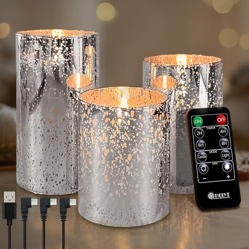 Image of LEDHOLYT Rechargeable Flameless Candle, Flickering LED Pillar Glass Fake Candle with Remote and Timer, Built-in Battery Real Wax Electronic Candle for Room Decoration, Set of 3
