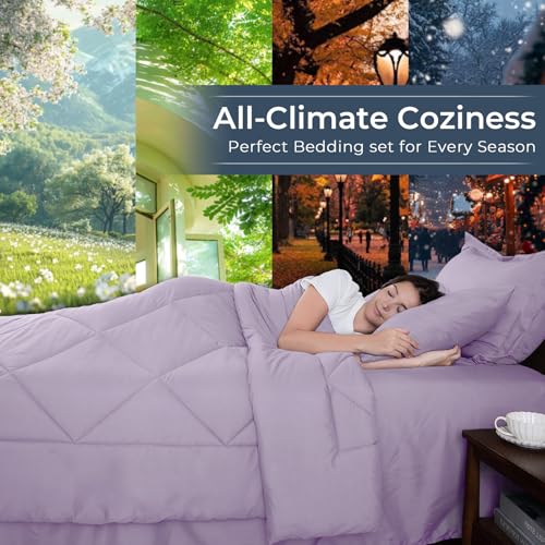 HEVUMYI King Purple Comforter Set - 7-Piece All Season Bed in a Bag King, Ultra Soft Bedding Set with Comforter, Flat Sheet, Fitted Sheet, Pillowcases, Pillow Shams, Lavender Purple