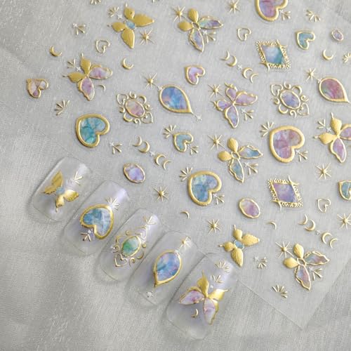 Image of Butterfly Nail Stickers for Nails Art Gold Nail Art Stickers with Design 5D Embossed Heart Nail Decals Self-Adhesive Nails Supply Manicure Supply Decoration for Women Girls Kid