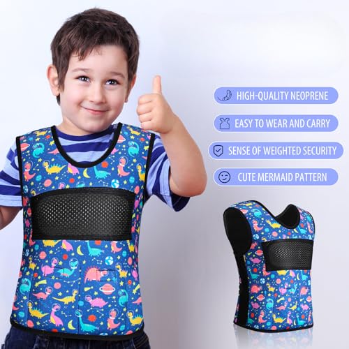 Image of Janmercy Weighted Vest for Kids Ages 2 to 9 Adjustable Neoprene Compression Vest Removable Weights Breathable Comfort Toddler(Dinosaur,Small,Dark Blue)