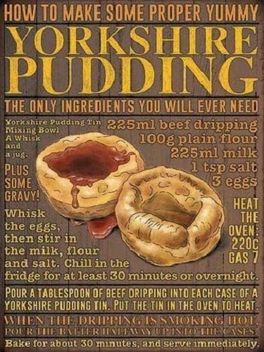 Letrero de metal con texto en inglés How to Make Proper Yummy Yorkshire, rústico, retro, shabby chic, decoración de pared para garaje, jardín, casa,