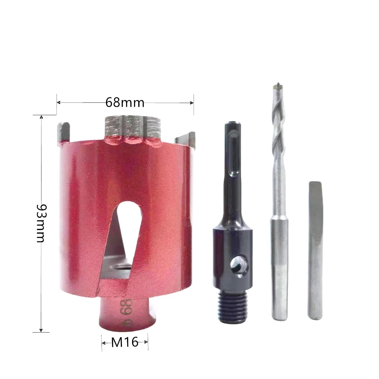 M16 diamentowe wiertło rdzeniowe spawane laserowo wraz z wiertłem centrującym i adapterem SDS-Plus. Nadaje się do otworów ściennych 68 mm, 72 mm, 82 mm (68 mm M16 SDS Plus)