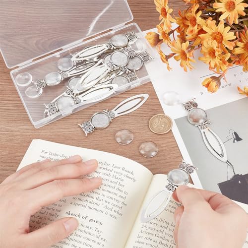 HOBBIESAY 12Pcs Halloween Owl Animal Bookmarks Kits Alloy Cabochon Bookmark Tray Antique Silver Bookmarks Bezel Settings with Round Tray and Fit for DIY Bookmark Making Book Lovers,Tray: 20mm - Image 4