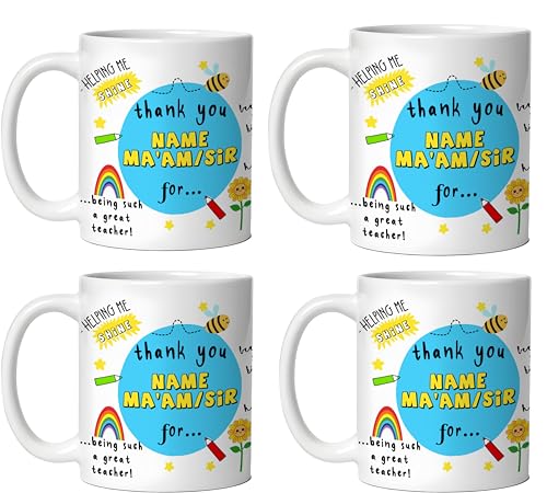 Image of DAYS Thank You Teacher Personalized Mug Custom Teacher's Name Best Teacher Gift, Teacher on Birthday Helping Me to Grow Ceramic Mug 11oz (Pack of 4)