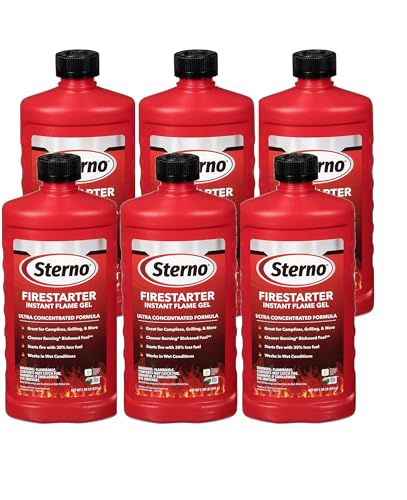 Sterno Charcoal Lighter Fluid Fire Starter Gel for Pellet Stoves BBQ Grilling Campfire Ethanol Clean Burning Instant Flame - Ultra-Concentrated All-Weather for Indoor & Outdoor - 6-Pack 16oz