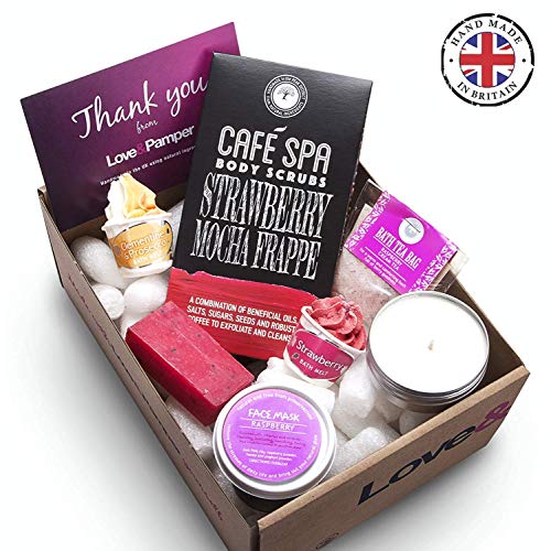 Pampering Bath Spa Gift Set Perfect Treat For You or a Loved One, Strawberry/Clementine & Prosecco Bath Melts,Strawberry Coffee Scrub,Face Mask, Patchouli Rose Soap,Scented Candle,Handmade in UK