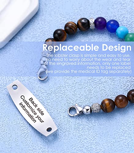 Medical Alert Bracelets For Women & Men, Customized Medical Id Bracelets With Free Engraving, Seven Chakras & Cz Beaded Medical Bracelet With Replaceable Stainless Steel Id Tag (Tiger Eye Stone) #TOP4