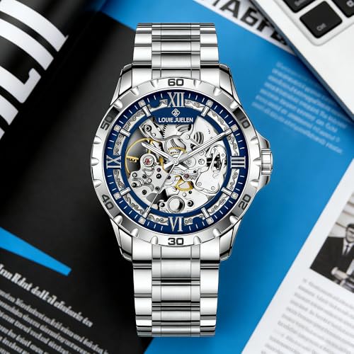 Image of Skeleton Automatic Mechanical Watch Mens Business Luxury Gift Steel Band | Stainless Steel Waterproof Male Golden Wristwatch Luminous Markers & Hands Hardlex Mirror Butterfly Double Button