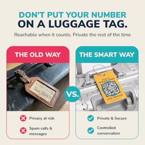 Image of Smart Luggage Tags | Privacy QR Code Luggage Tag, Yellow, 2-Pack | Keeps Personal Info Private | Customizable Suitcase Tags for Women & Men | Use with GPS Bag Locator Tracking, Android /iOS