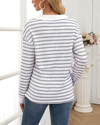 Vivilli Womens Waffle Knit Sweater Tops Long Sleeve Collared V Neck Striped Shirts Trendy Loose Fit Tunic Tops2