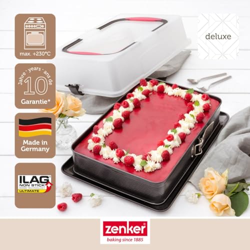 Zenker Rechteck-Springform mit Haube DELUXE, Kuchentransportbox mit Emaille-Boden, Backblech mit Deckel (Farbe: Schwarz/Transparent/Rot), Menge: 1 Stück